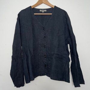 Flax Black 100% Linen Relaxed Button Up Longsleeve Top